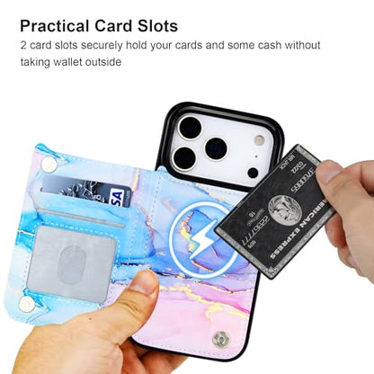 HAOPINSH Wallet Case for iPhone 17 Pro, Compatible with MagSafe Wireless Charging, Pink Blue Marble Pattern Back Flip Folio PU Leather Kickstand Card Slots Case Double Magnetic Clasp Cover 6.3" - color: Pink Blue Marble for MagSafe