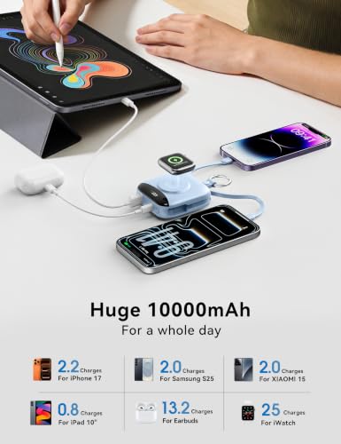 Portable Charger 10000mAh 22.5W Power Bank Built-in 2 Cables Keychain | Charge 5 Devices, TSA approved, Travel Fast Charging Battery Pack for iPhone Samsung Google Android & iWatch Charger, Blue - color: Blue