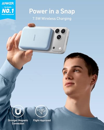 Anker 621 MagGo Power Bank, 5,000mAh Magnetic Portable Charger | Travel Essential Battery Pack with USB-C Cable, Compatible with iPhone 16 / 15 / 14 / 13 / 12 Series - color: Blue, size: 4.13 x 2.62 x 0.45 inches