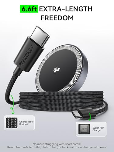 THREEKEY 15W Magnetic Wireless Charger, Qi2 Wireless Phone Charger with 6.6ft Cable Fast Charging Pad for iPhone 17 Air 16 15 14 13 12 Pro Max Airpods(20W Adapter Included), 2 Pack - color: Black