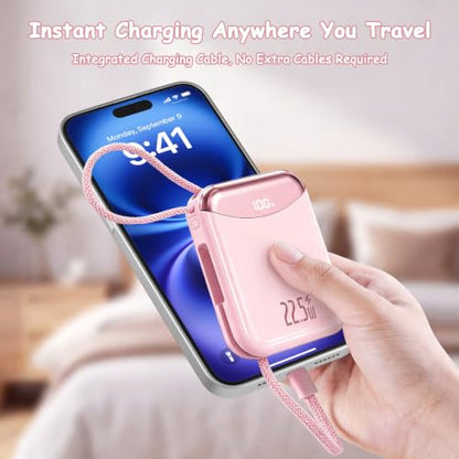 10000mAh Portable Charger with Built-in USB-C & Light-ning Cables, 22.5W Fast Charging Power Bank, Travel Battery Pack with LED Display for iPhone Samsung Android – Flight Approved - color: Pink