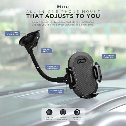 iHome Car Mount, Dashboard/Windshield/Vent Mount, Swivel Neck, Silicone Grip, Adjustable Mount Arm with Suction Cup Base (Gooseneck Car Mount) - style: Gooseneck Car Mount