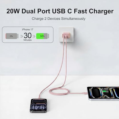 iPhone 18 17 16 15 Charger Fast Charging, 20W Dual Port USB C Charger Block - color: Pink