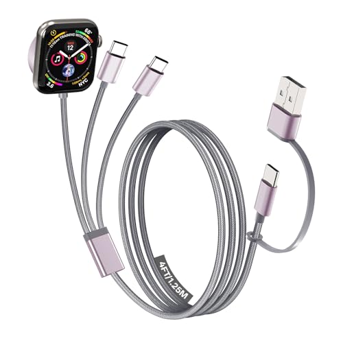 Travel Essentials for Apple Watch Charger, Multi Charging Cable for iPhone Charger, 3 in 2 USB C Cable Cord Compatible with iPhone 17-15 Series/Watch Ultra/10-1/Galaxy S25-20, iPad (Grey, 4FT)