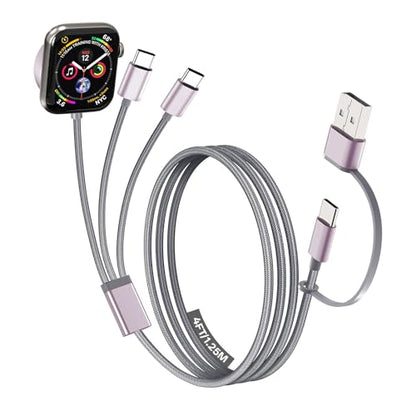 Travel Essentials for Apple Watch Charger, Multi Charging Cable for iPhone Charger, 3 in 2 USB C Cable Cord Compatible with iPhone 17-15 Series/Watch Ultra/10-1/Galaxy S25-20, iPad (Grey, 4FT)