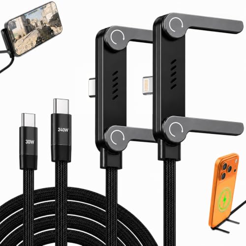 2 Pack USB C to C/Lightning Invisible Holder Charger Cable, 240W 90° Right Angle Fast Charging Cable & Phone Holder 2-in-1, Sideways Flat Phone Charger with Stand for iPhone 17/16/15/14/13/Android