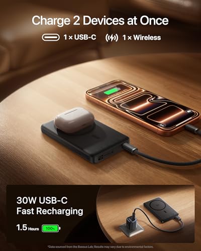 Baseus Picogo AM52 MagSafe Power Bank, Qi2.2 25W 10,000mAh Magnetic Portable Charger, 0.6" Slim 45W USB-C Fast Charging Alloy Wireless Battery Pack, Travel Essential for iPhone 17/16/15/14/13/12 Only - color: Black