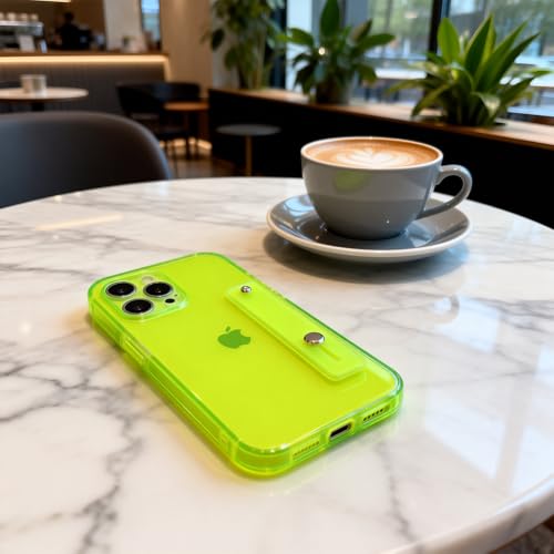 Strap Case for iPhone 12 Pro Max with Stand, Neon Green | Wrist Strap Kickstand, Adjustable Finger Hand Grip Loop, Slim Transparent Anti-Scratch Back, Soft Bumper Phone Cover - color: Neon Green, size: iPhone 12 Pro Max