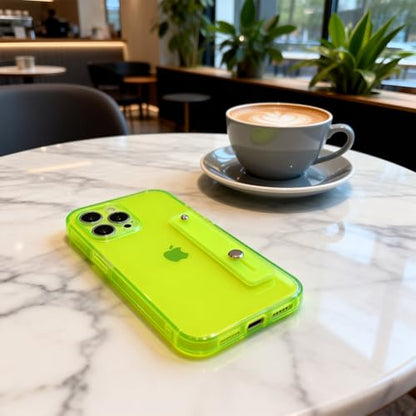 Strap Case for iPhone 12 Pro Max with Stand, Neon Green | Wrist Strap Kickstand, Adjustable Finger Hand Grip Loop, Slim Transparent Anti-Scratch Back, Soft Bumper Phone Cover - color: Neon Green, size: iPhone 12 Pro Max