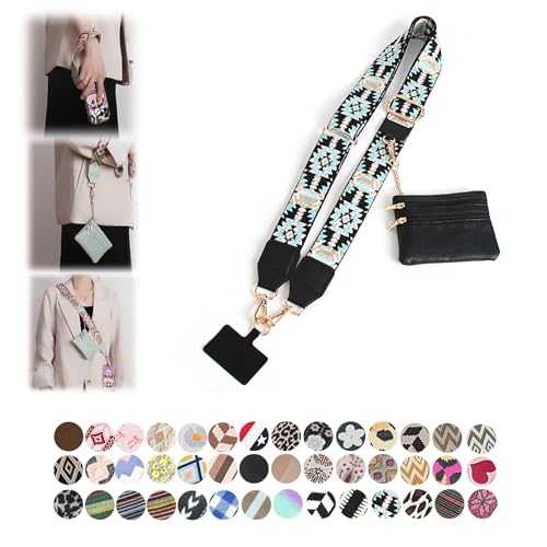 Phone Strap with Zippered Pouch, Clip and Go Strap for Phone with Wallet Crossbody, Adjustable Crossbody Phone Strap-3 - color: Bohemian Black Green
