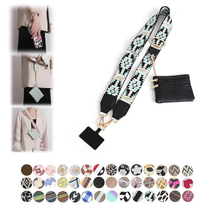 Phone Strap with Zippered Pouch, Clip and Go Strap for Phone with Wallet Crossbody, Adjustable Crossbody Phone Strap-3 - color: Bohemian Black Green