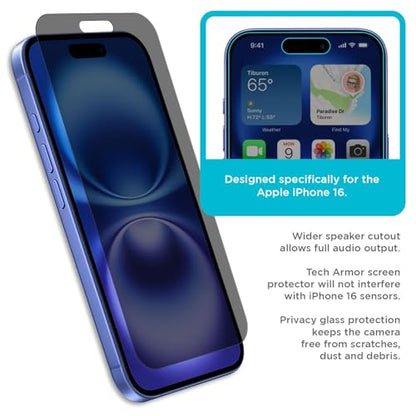 Tech Armor Privacy Glass for iPhone 16 Screen Protector, Ballistic 1-Pack - size: iPhone 16-6.1 Inch