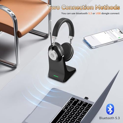 Wireless Headset with Mic for Work, Bluetooth Headset with Microphone (AI Noise Cancelling), 60 Hours Woktime Wireless Headphone for Work from Home/Call Center/Office/PC/Laptop/Computer/Zoom/Teams