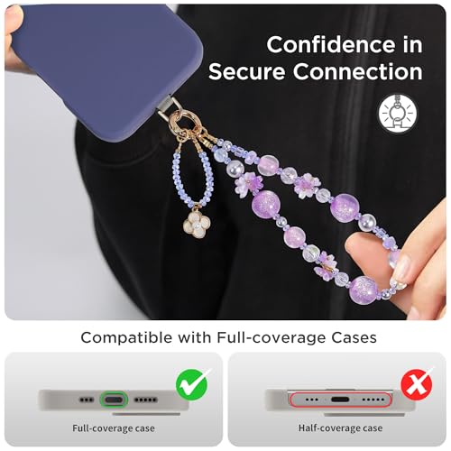 POSADINA Phone Charm for Women, Anti-Theft Beaded Wrist Strap & Lanyard, Hands-Free Chain with Tether Tab - color: Lilac Shimmer