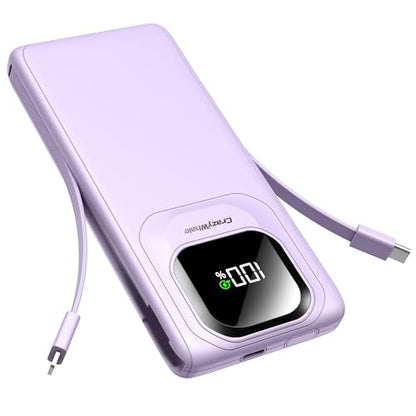 Portable Charger with Built-in Cables,22.5W Super Fast Charging Power Bank Slim Phone Charger,10000mAh Travel Battery Pack Battery Bank with Smart LED Display for iPhone, Android & USB-C (Purple) - color: Purple