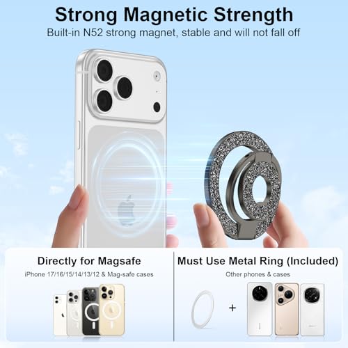 Magnetic Phone Ring for MagSafe Grip, Dual-Sided Magnetic Finger Ring Stand - color: Black