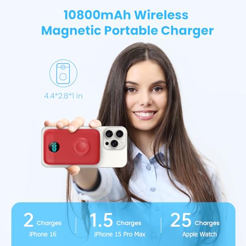 Magnetic Portable Charger for iPhone,10800mAh 25W PD Fast Charging Wireless Power Bank,4 Outputs Travel Essential Battery Pack for Magsafe,iPhone 18 Pro/18 Pro Max/17/16/15/14/13/12,Apple Watch,Red - color: Red
