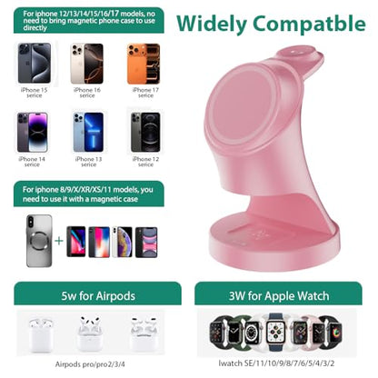 Wireless Charger,3 in 1 Magnetic Wireless Charger Stand, Fast Wireless Charging Dock for iPhone 17/16/15/14/13/12 Series, Apple Watch Series, AirPods Pro. - color: Pink