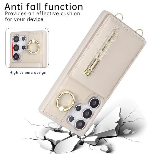 Crossbody Wallet Case for Samsung Galaxy S25 Ultra, with Card Slots Zipper Pocket Case, Flip Folio Purse RFID Blocking with Ring Kickstand Detachable Strap-Beige - size: Select