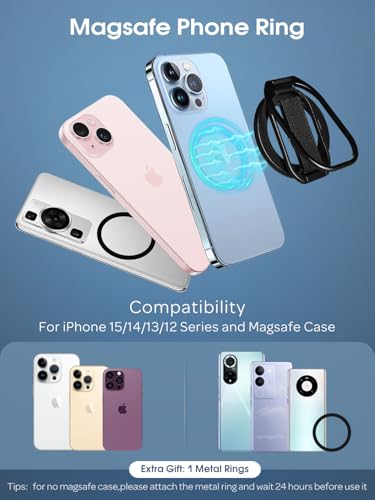 Mindsky All Aluminum Alloy Upgrade for MagSafe Phone Ring Holder with Finger Strap, MagSafe Accessories Compatible iPhone16promax/15/14/13/12 Series,Android (Double Folded Ligament)