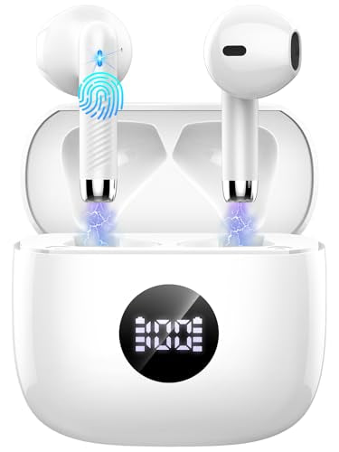 Wireless Bluetooth 5.4 Earbuds, LED Power Display Headphones, 6D Stereo - color: Creamy White