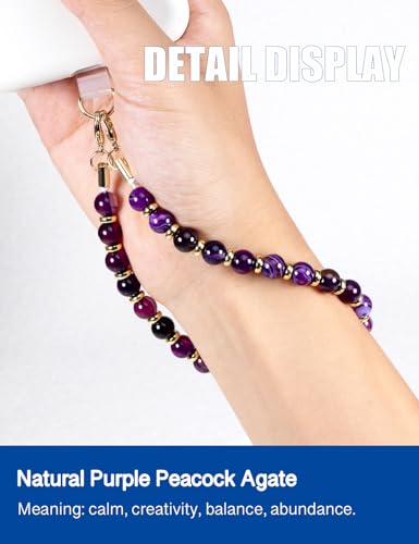 CH.yishi Beaded Phone Charm Wrist Strap with Tether Tab,Camera Lanyard - style: Purple Peacock Agate