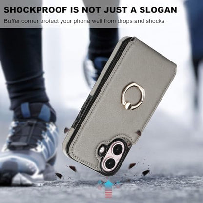 Folosu Compatible with iPhone 16 Case Wallet with Card Holder, 360°Rotation Finger Ring Holder Kickstand, RFID Blocking Leather Protective Double Buttons Shockproof Cover 6.1 Inch Gray - color: Gray