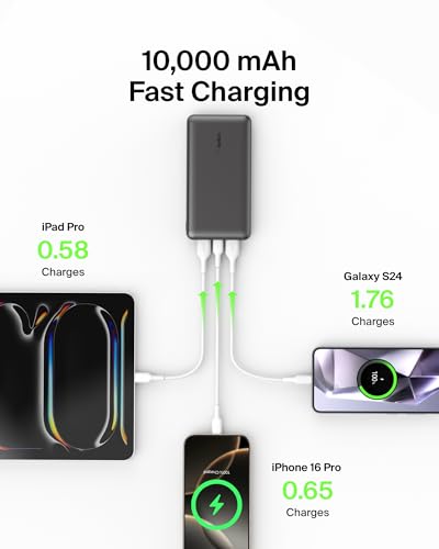 Belkin 10000mAh 15W 3 Port Power Bank, USB A to USB C Cable Included | Fast Charging, iPhone 17, Samsung Galaxy, Pixel, Airpods, iPad, Nintendo Switch 2, Battery Pack, USB C Port, USB A Port - color: Black