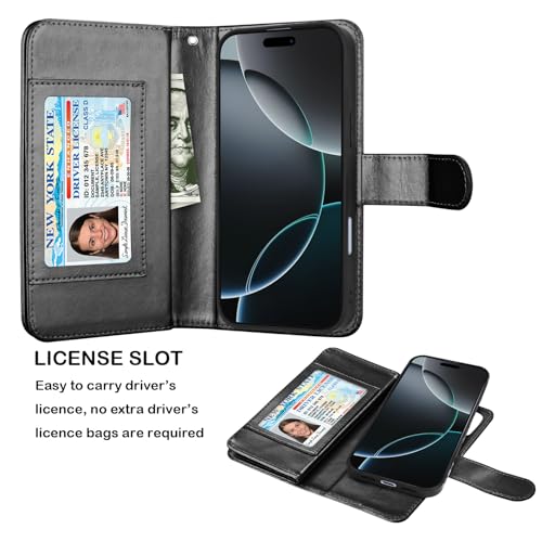 NJJEX Compatible with iPhone 17 Pro Wallet Case, 9 Card Slots, Black | PU leather folio flip, detachable magnetic phone cover, integrated kickstand, included lanyard - color: Black, size: iPhone 17 Pro