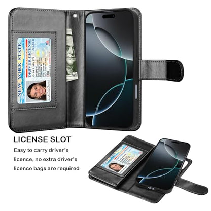 NJJEX Compatible with iPhone 17 Pro Wallet Case, 9 Card Slots, Black | PU leather folio flip, detachable magnetic phone cover, integrated kickstand, included lanyard - color: Black, size: iPhone 17 Pro