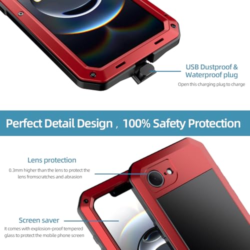 for iPhone 16E Metal Case,Heavy Duty Shockproof Aluminum Alloy Tough Armour Military Grade Phone Case for iPhone 17E,Full Body Protective Cover with Silicone Built-in Screen Protector-Red - color: Red