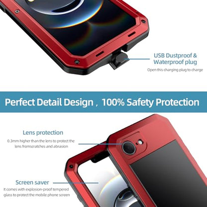 for iPhone 16E Metal Case,Heavy Duty Shockproof Aluminum Alloy Tough Armour Military Grade Phone Case for iPhone 17E,Full Body Protective Cover with Silicone Built-in Screen Protector-Red - color: Red