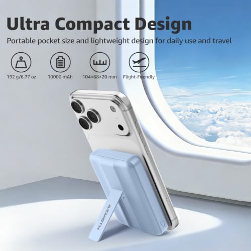 Azmuth for MagSafe Portable Charger, 10000mAh Magnetic Power Bank 20W PD | Fast Charging,Wireless Battery Pack with LED Display & Stand,Travel Essentials,for iPhone 17/16/15/14/13/12 Series - color: Light Blue