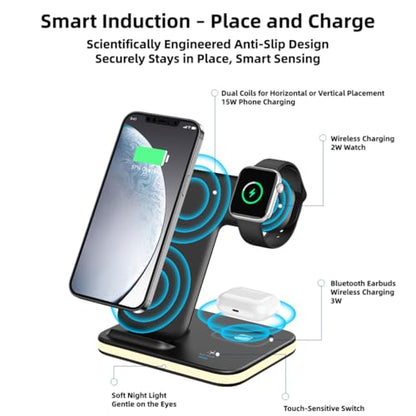 4 in 1 Wireless Charging Station, Travel Charging Pad, Soft Glow Night Light and Pure Copper Dual Coils, Wireless Charging Stand Dock for iPhone