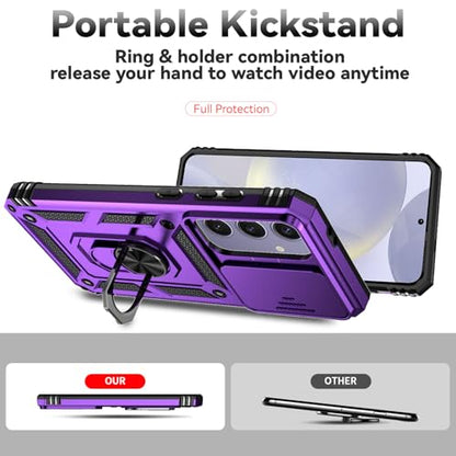 for Samsung Galaxy S24 FE Case with Camera Lens Cover HD Screen Protector, Dual Layer Military-Grade Drop Tested Magnetic Ring Holder Kickstand Protective Phone Case for Galaxy S24 FE (Purple) - color: Purple with camera cover Military-Grade 2nd gen