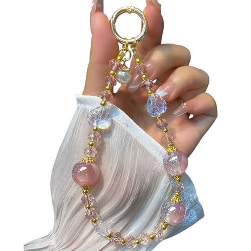 Sparkling Pink Phone Charm, Beaded Phone Wrist Strap for Women - color: Pink Crystal