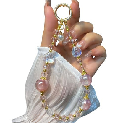 Sparkling Pink Phone Charm, Beaded Phone Wrist Strap for Women - color: Pink Crystal