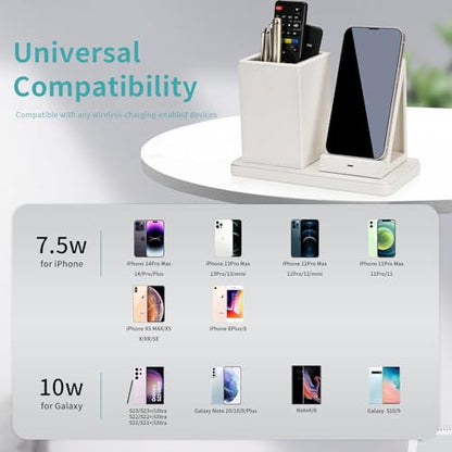 Wireless Charger with Desk Organizer, Wireless Charging Station for iPhone 14/14 Pro/13/12/11/Samsung Galaxy S23/S22/S21/S20/Note 20/Note 10, Charging Stand with Leather, White - color: White