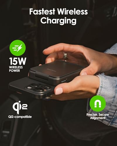 Mophie Snap+ Powerstation Mini with Stand - 5000mAh,15W Qi2 Magnetic Wireless Charger, Portable, Compatible with MagSafe & Qi-Enabled Smartphones, with Kickstand, USB C to USB C Cable Included, Black