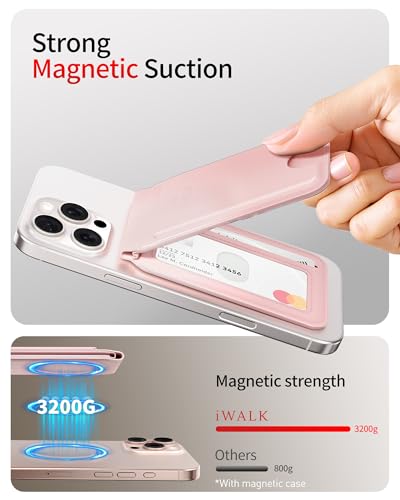 iWALK Stronger Magnetic Wallet, Upgraded for MagSafe Wallet, RFID Blocking, 5 Card Holder with Adjustable Stand, Slim Leather Phone Wallets for iPhone 17/16/15/14/13/12 Series, iPhone Wallets - color: Pink