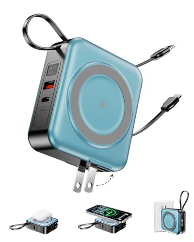 10000mAh for Magsafe Portable Charger Built-in Cables & AC Wall Plug,Blue - color: Blue