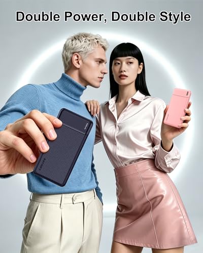 AsperX 2-Pack 10000mAh Slim Portable Charger, USB C Battery Pack Power Bank - color: Pink+Navy blue