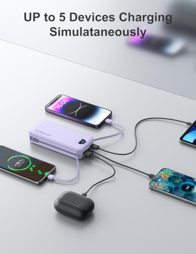 Portable Charger Power Bank 20000mAh with Built in Cables & Wall Plug - color: Purple