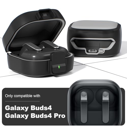 for Samsung Galaxy Buds 4 Pro/Buds 4 Case (2026) with Secure Safety Lock Clip,Shockproof Scratch-Resistant Hybrid PC+TPU Soft Shell Protective Cover Accessories with Carabiner&Cleaning Pen(Black) - color: Black Edge-Grey