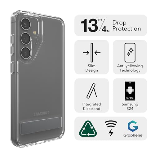 ZAGG Crystal Palace Samsung Galaxy S24 Case with Kickstand - Ultra-Slim, Graphene-Enhanced, Crystal Clear Protection, 13ft Drop Resistant, Eco-Friendly, Clear - size: Samsung Galaxy S24, style: Without Snap