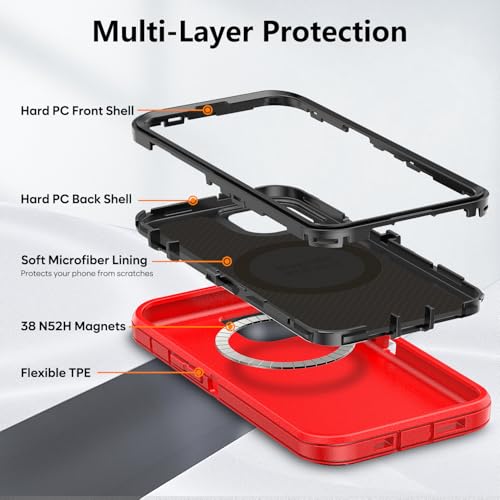 TUTUKII Magnetic for iPhone iPhone 15, 14 & 13 Case Red/Black | MagSafe Compatible, Rugged, Tough, Heavy Duty, Shockproof, Tri-Layer, 6.1-Inch, - color: Red/Black