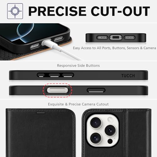 TUCCH Case Wallet for iPhone 16 Pro Max, RFID Blocking Folio, Black & Brown | 4 Card Holders, Kickstand, PU Leather, Magnetic Closure, Shockproof TPU Shell, Protective Flip Cover - color: Two-tone Black & Brown