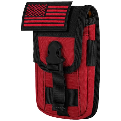 Tactical Phone Holster Pouch, Smartphone Pouch Phone Case Molle Gadget Bag Molle Attachment Belt Holder Waist Bag for 4.7"-6.9" with US Flag Patch for iPhone 17 Pro/16 Pro/15 Pro - color: Red