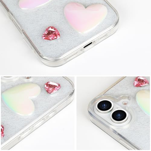 Compatible with iPhone 16 Plus Bling Case Laser Colour 3D Crystal Love Heart Pearl Diamond Glitter Clear Case Cute Girly Women Slim Soft TPU Transparent Phone Cover
