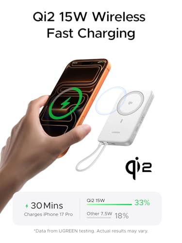UGREEN Magflow Air 10000mAh Qi2 15W Wireless Power Bank Built-in Cable - color: White